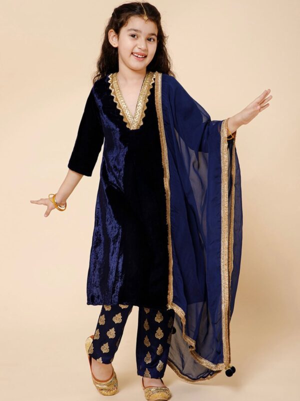 Navy blue Velvet Kurti with trousers and Dupatta set