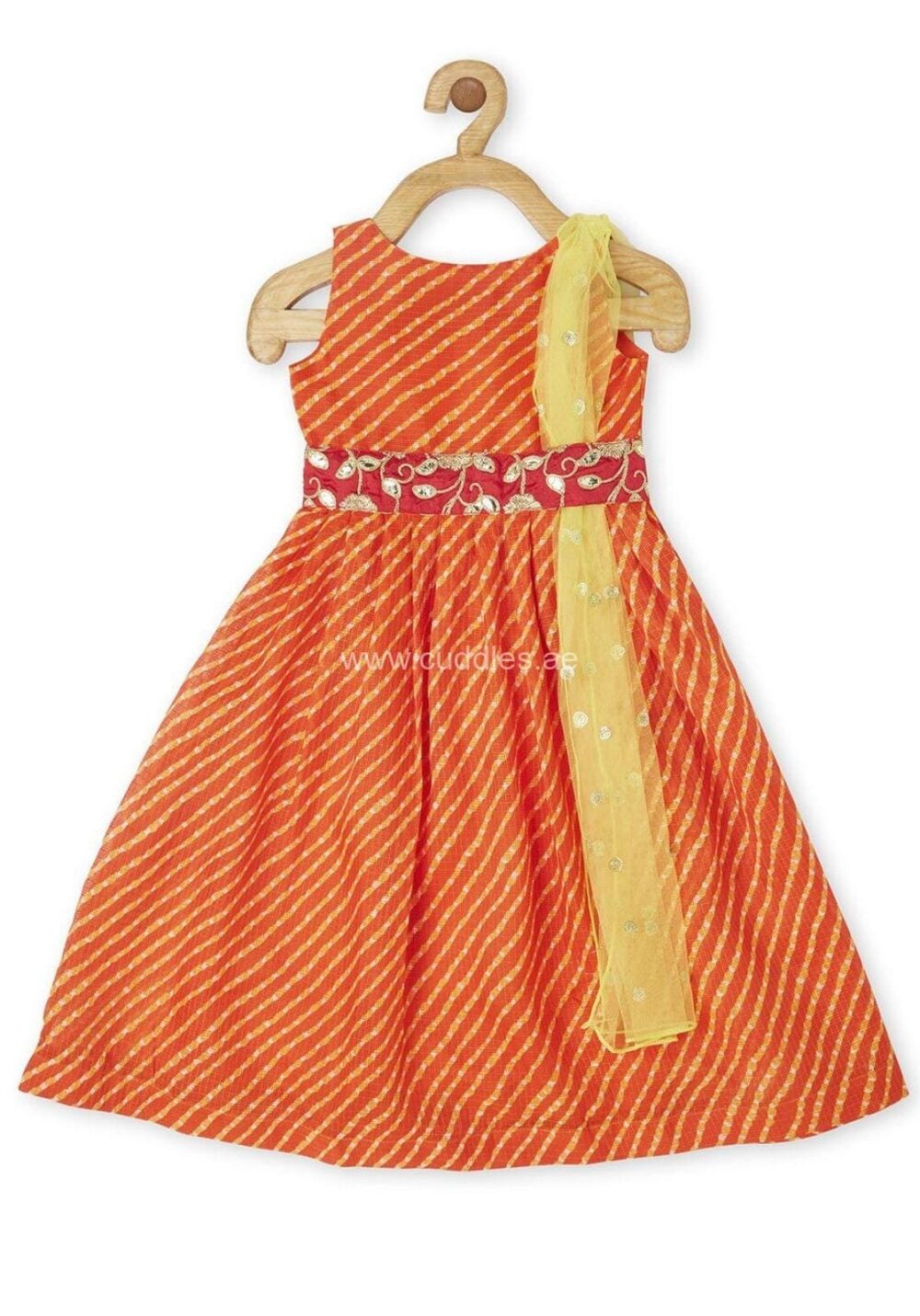 Orange striped ethnic belted dress with attached Dupatta - Image 2