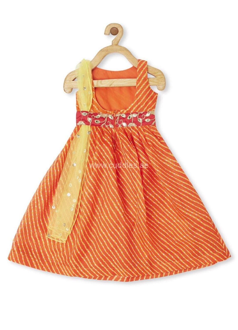 Orange striped ethnic belted dress with attached Dupatta - Image 3