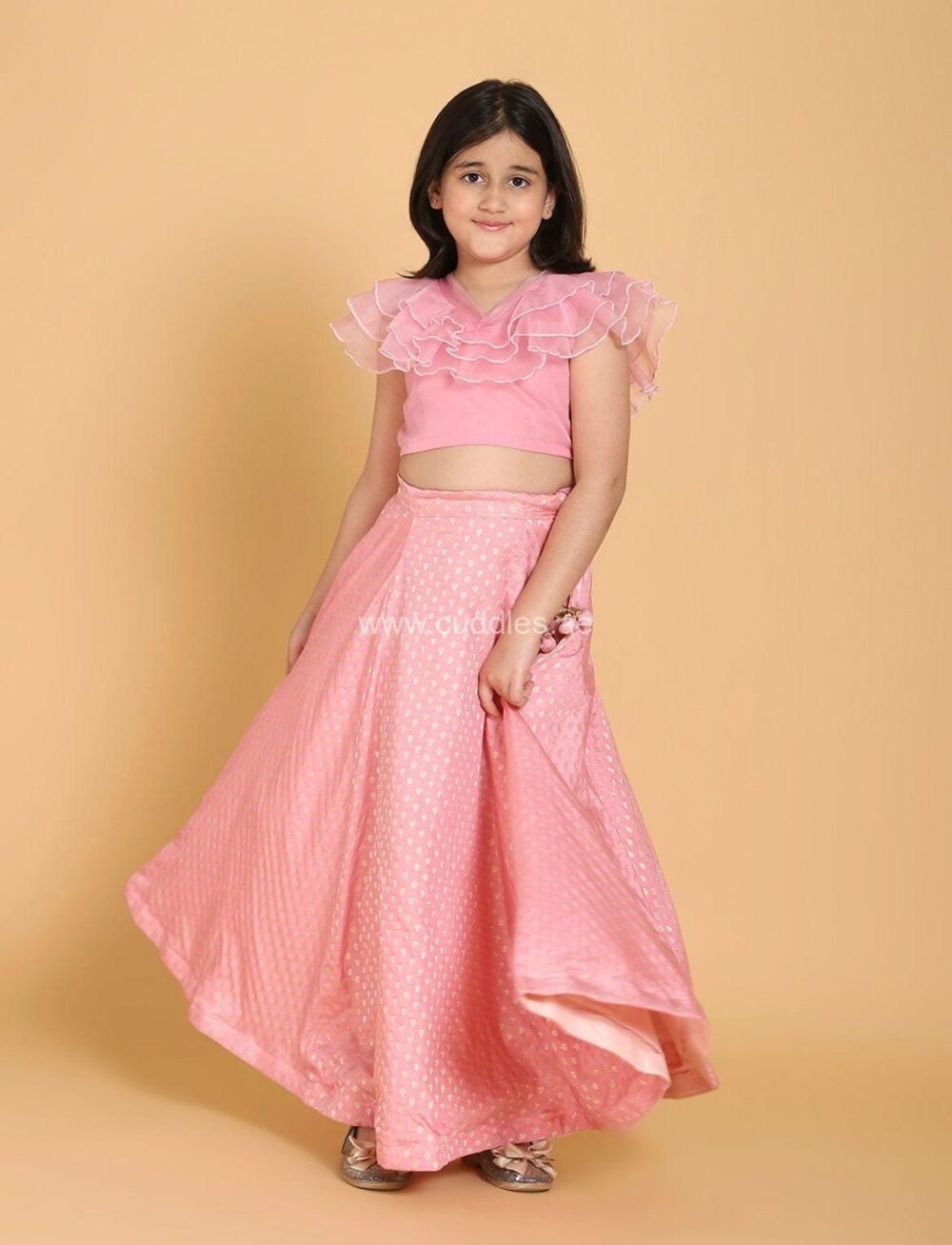 Pink & gold toned Lehenga and flared blouse set