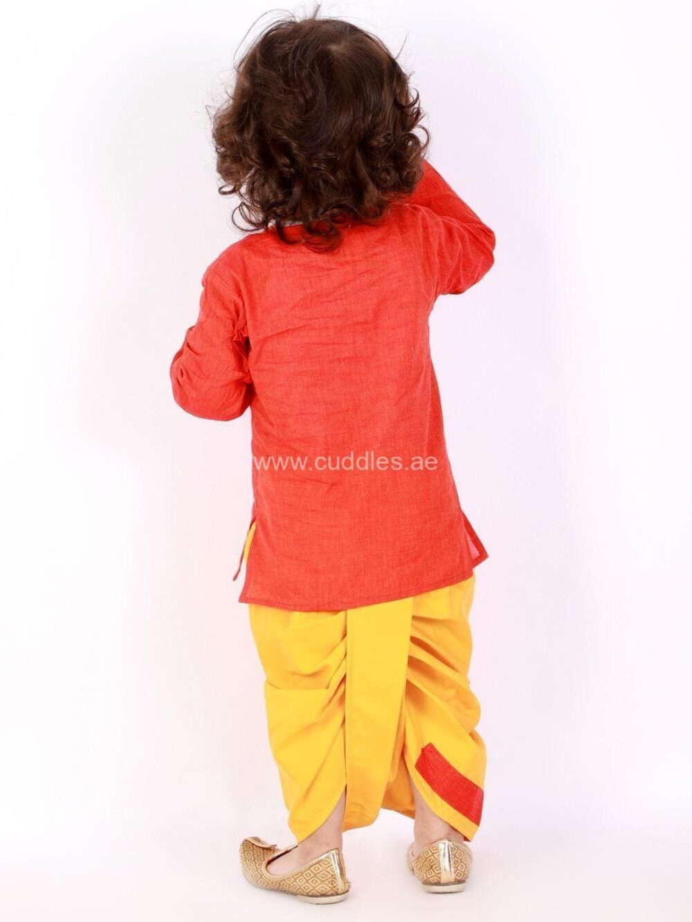 Orange and yellow embroidered Handloom woven kurta Dhoti set - Image 3