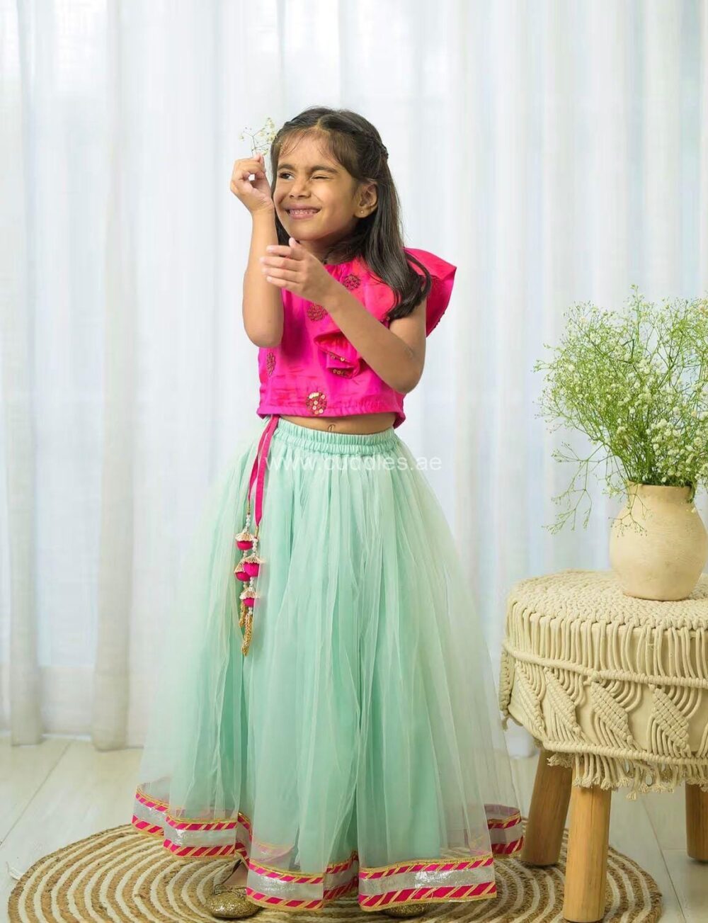 Hot pink ruffled top and green Net Lehenga set - Image 2