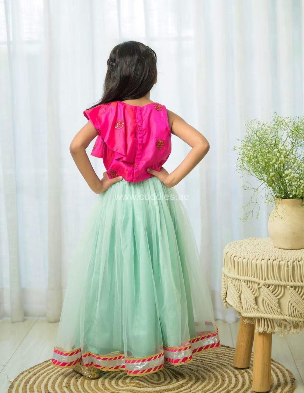 Hot pink ruffled top and green Net Lehenga set - Image 4