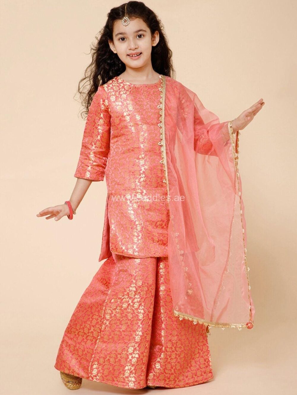 Peach Banarasi woven Kurti with Palazzo and Dupatta - Image 2