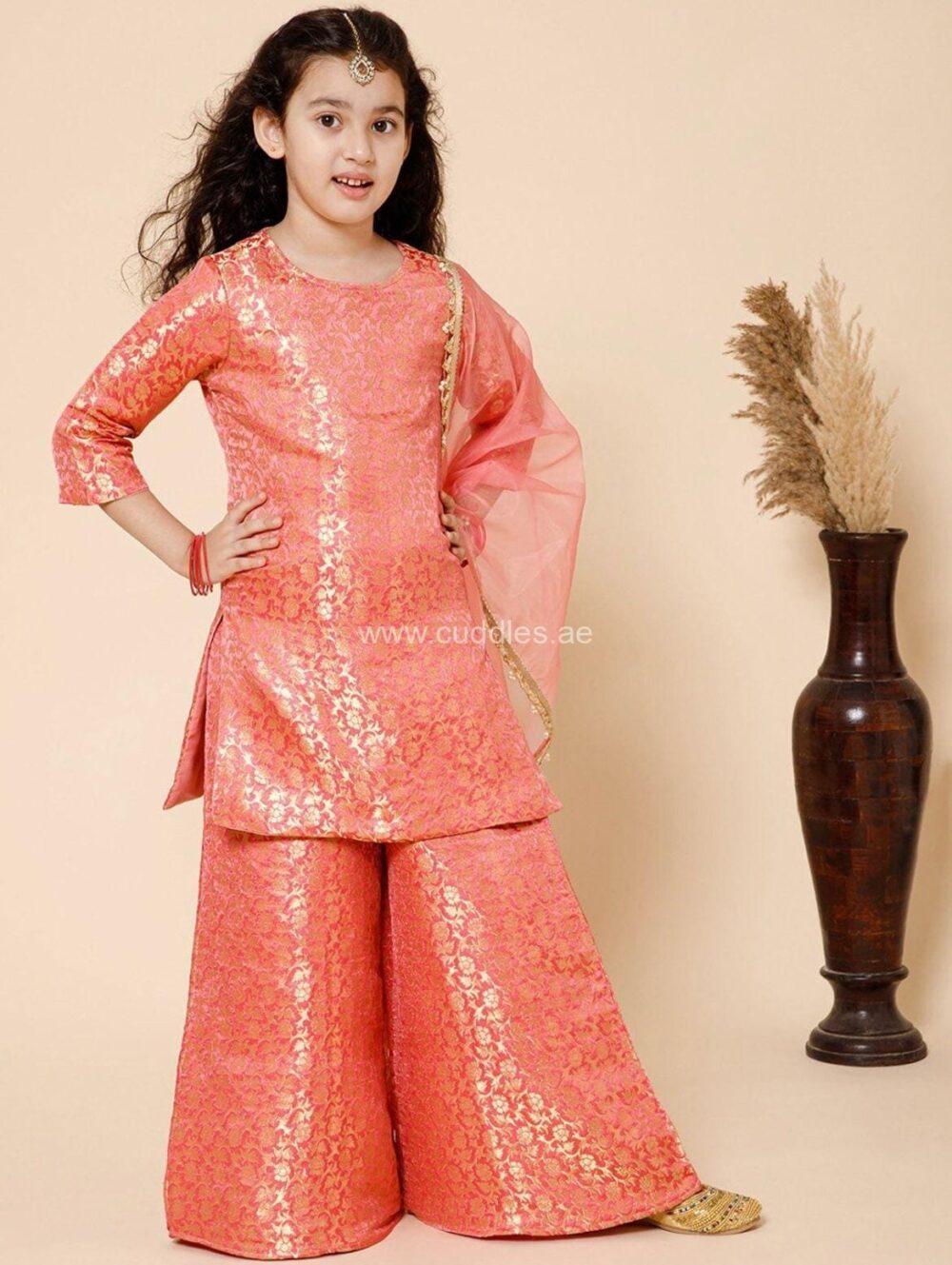 Peach Banarasi woven Kurti with Palazzo and Dupatta