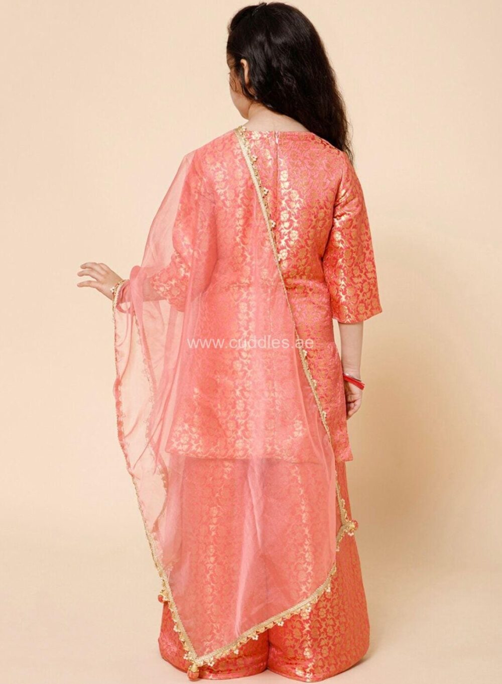 Peach Banarasi woven Kurti with Palazzo and Dupatta - Image 3