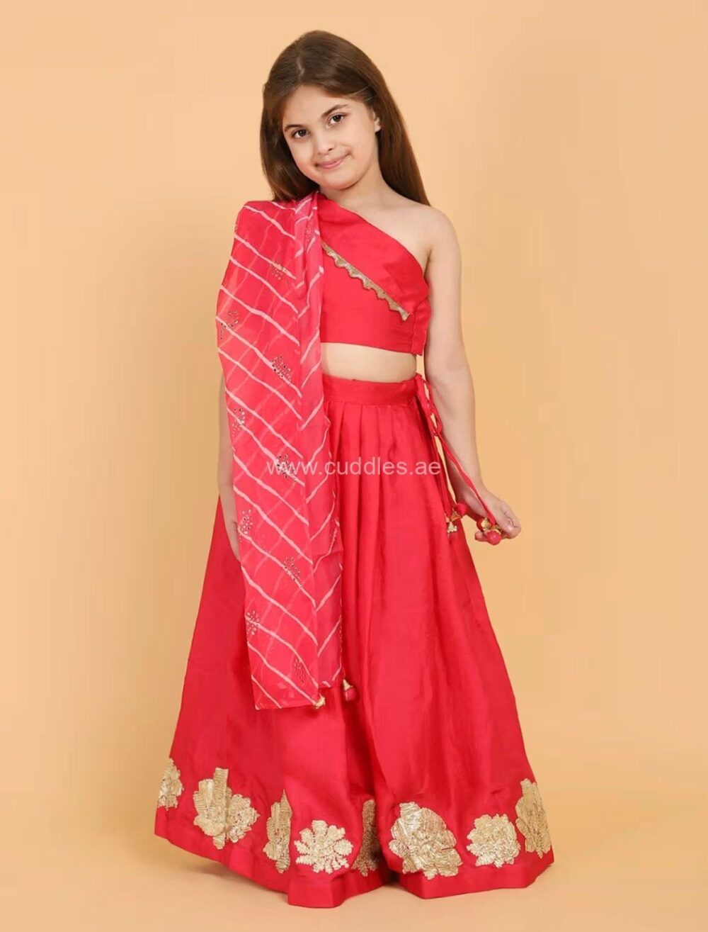 Pink one shoulder Choli and Lehenga with leheriya