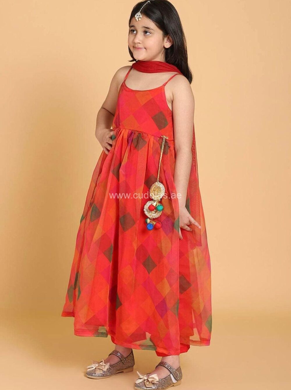 Red geometric printed Kurta with trousers and Dupatta - Image 2