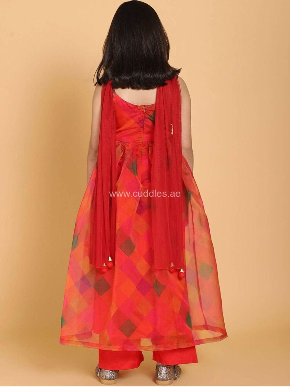 Red geometric printed Kurta with trousers and Dupatta - Image 3