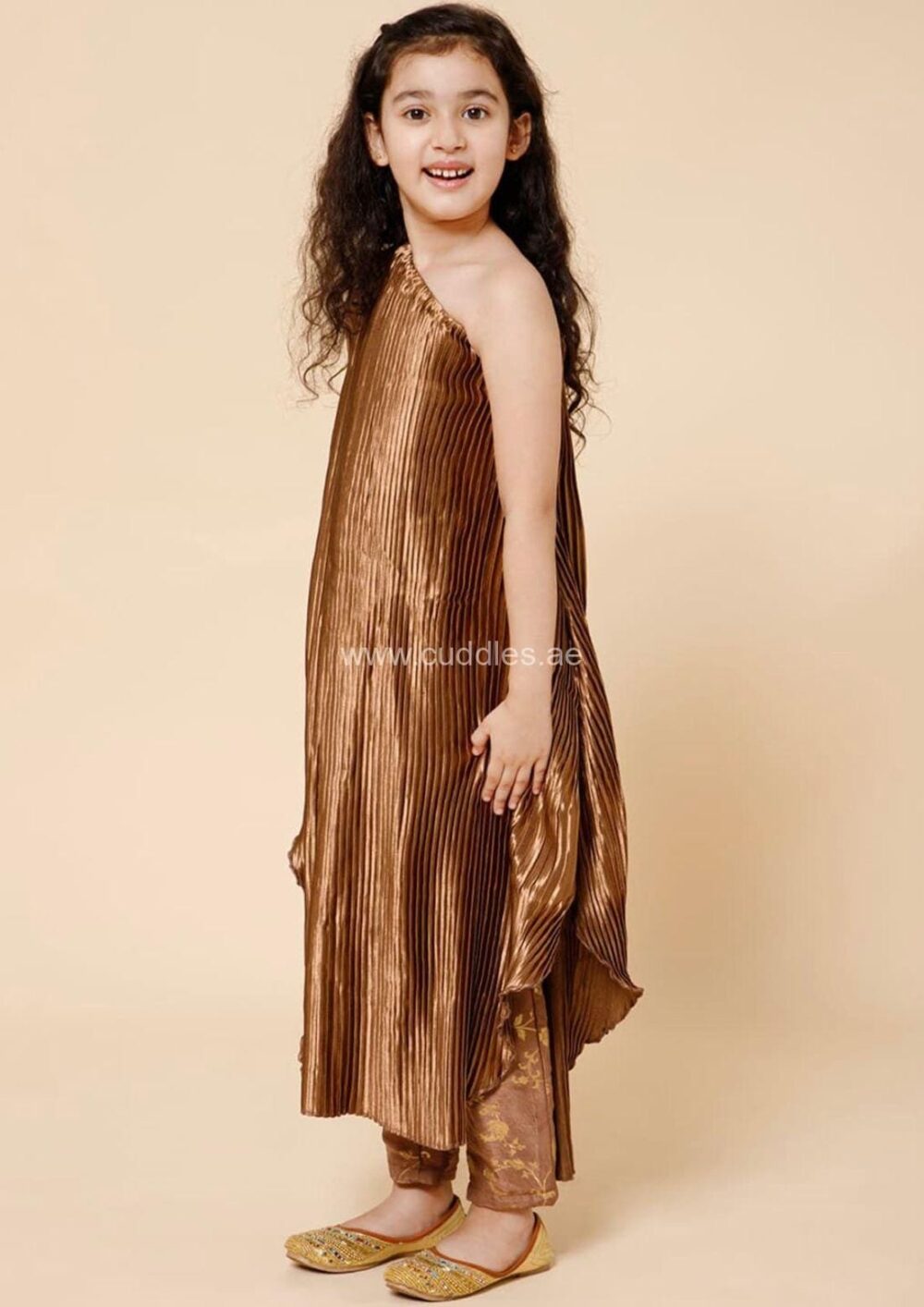 Gold toned Pleated Kurta with pants - Image 2