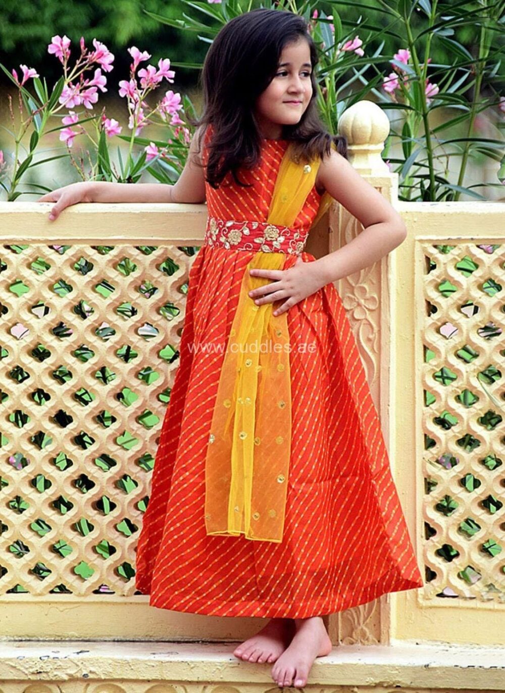 Orange striped ethnic belted dress with attached Dupatta