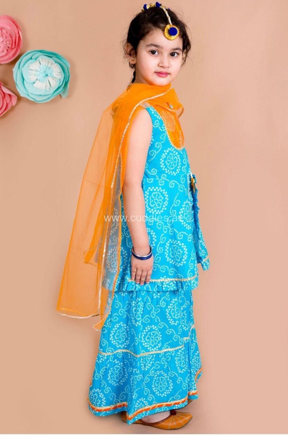 Blue Bandhani Kurta with Sharara and Dupatta - Image 2