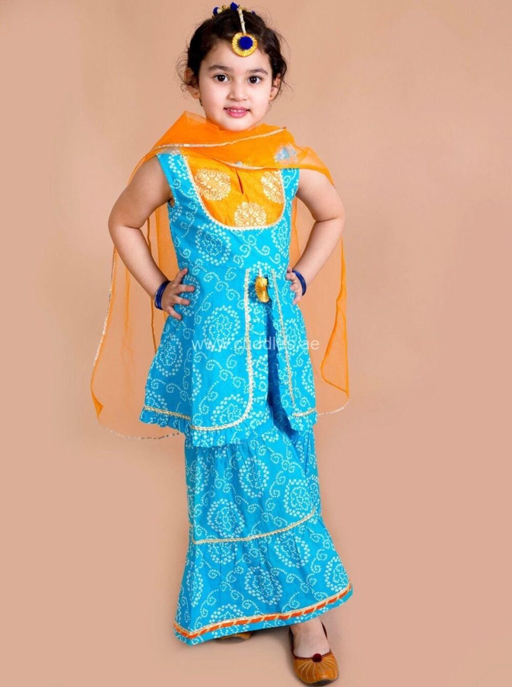 Blue Bandhani Kurta with Sharara and Dupatta