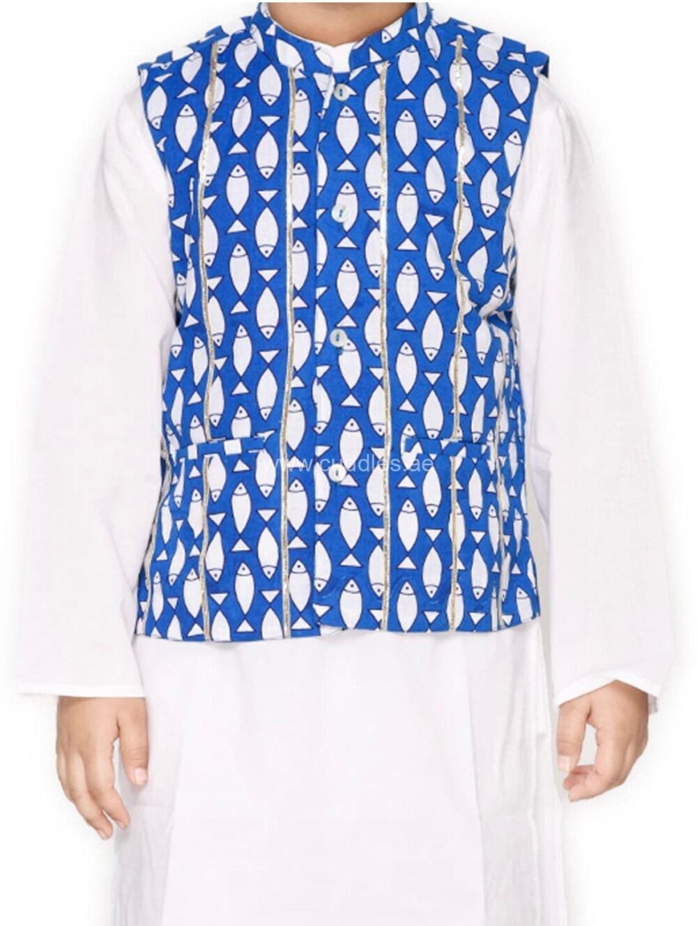 Blue Fish print Jacket and Pure White Kurta pajama - Image 2