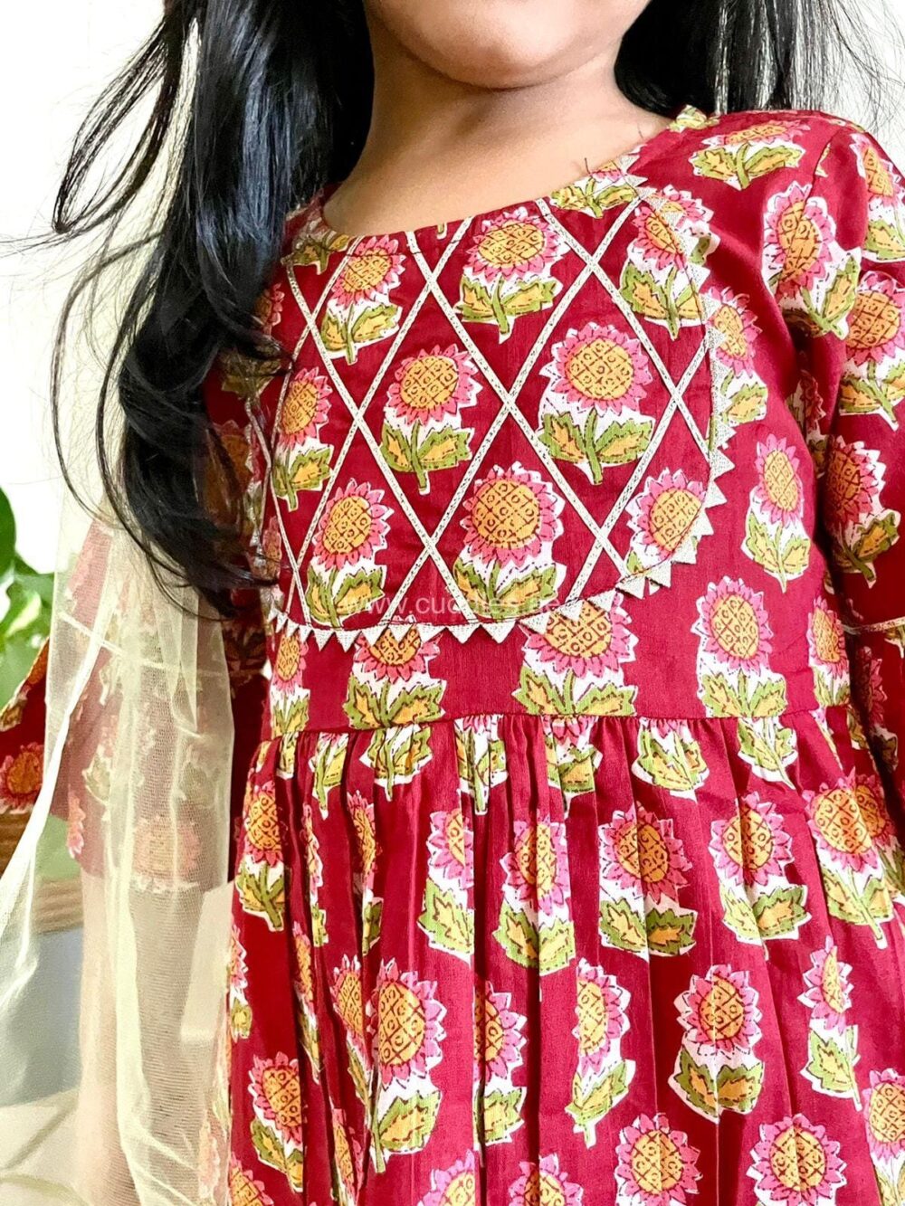 Crimson Floral print Kurti Sharara with Dupatta set - Image 2