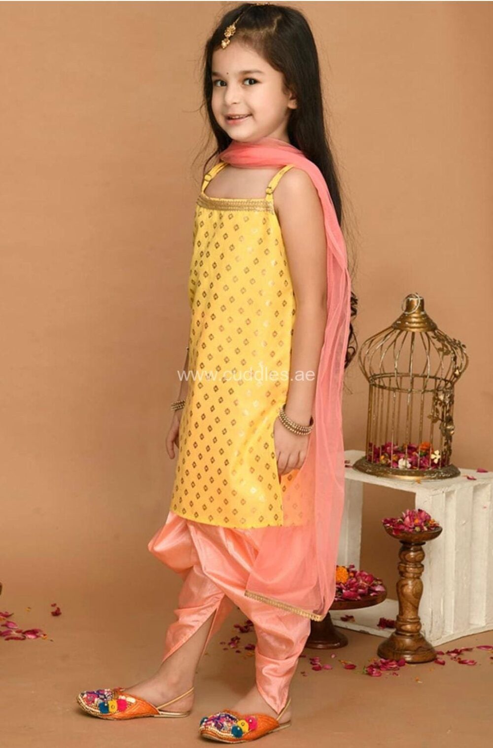 Golden yellow and peach Kurti Dhoti set with Dupatta - Image 3