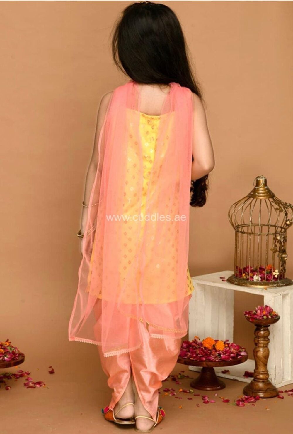 Golden yellow and peach Kurti Dhoti set with Dupatta - Image 2