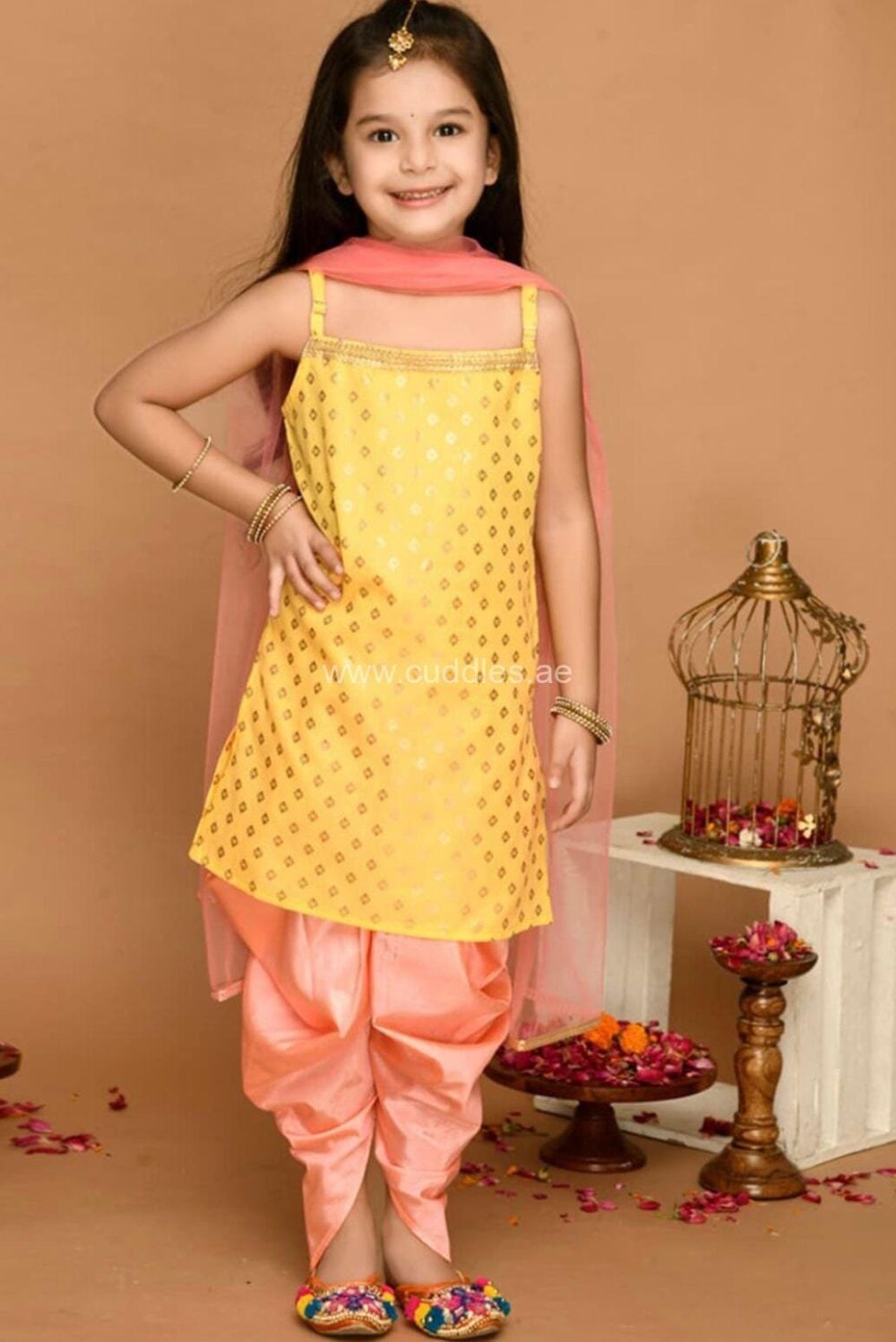 Golden yellow and peach Kurti Dhoti set with Dupatta