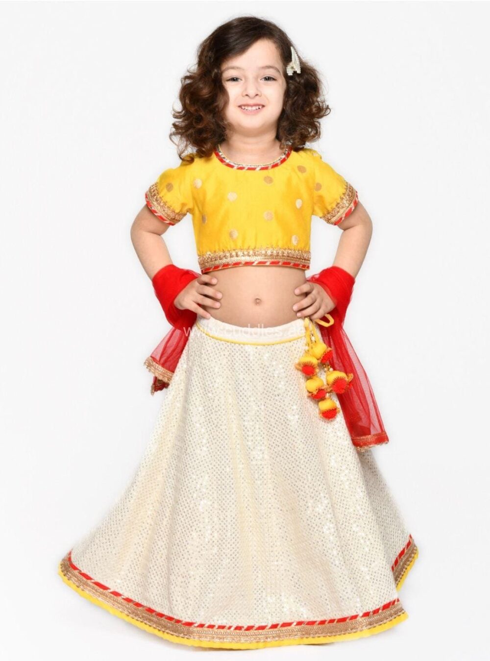 Golden yellow and off white heavy sequined Lehenga Choli set