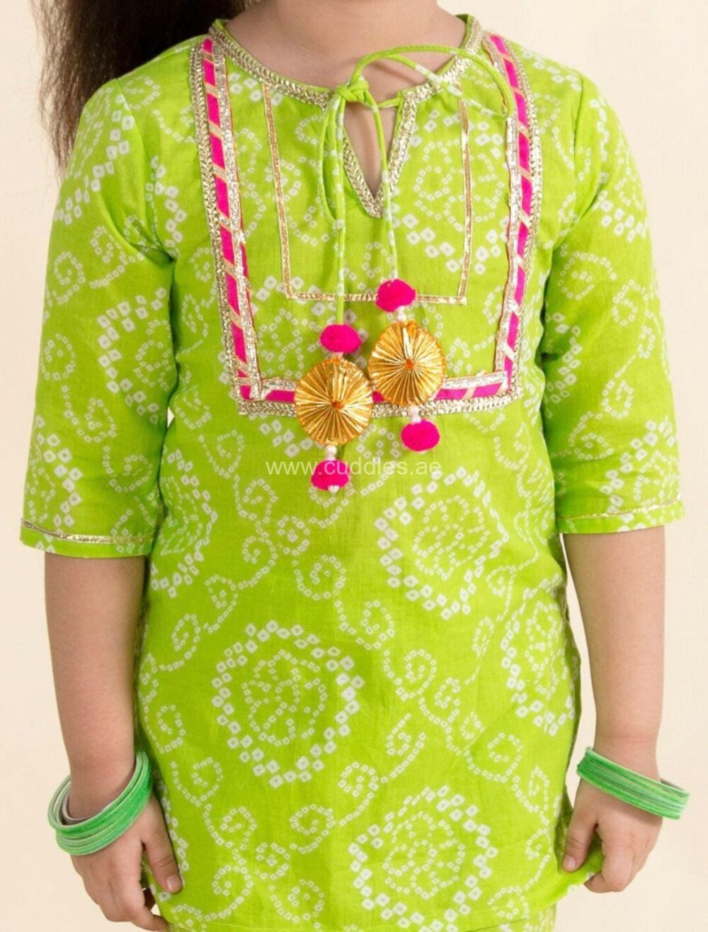 Green Bandhani Kurta with Sharara and Dupatta - Image 2