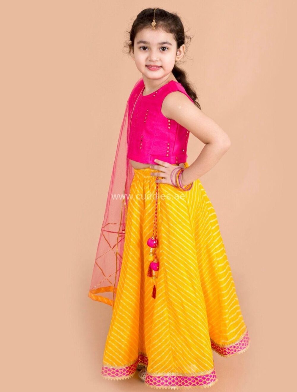 Bright Yellow and Rani pink Lehenga Choli with Dupatta set - Image 3