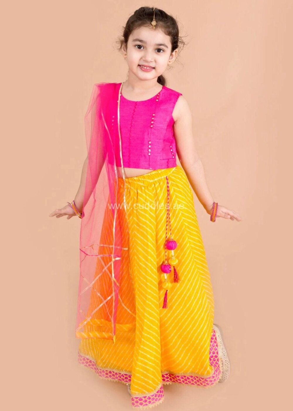 Bright Yellow and Rani pink Lehenga Choli with Dupatta set