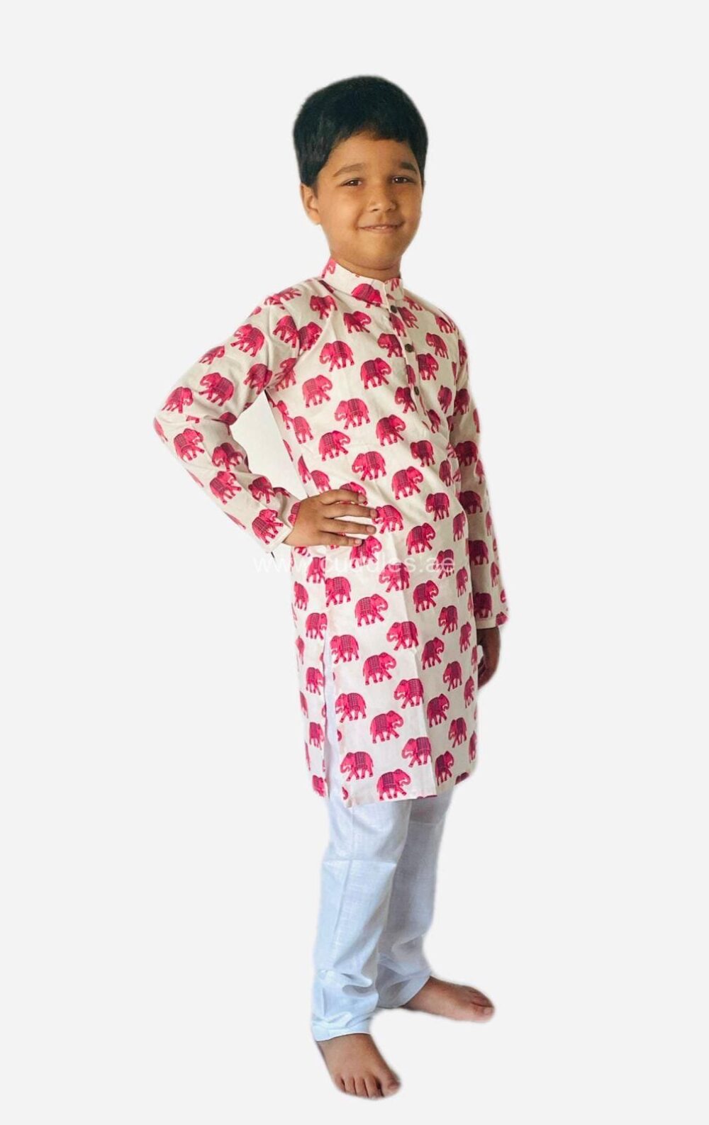 Pink and off white Elephant print Kurta Pajama - Image 3