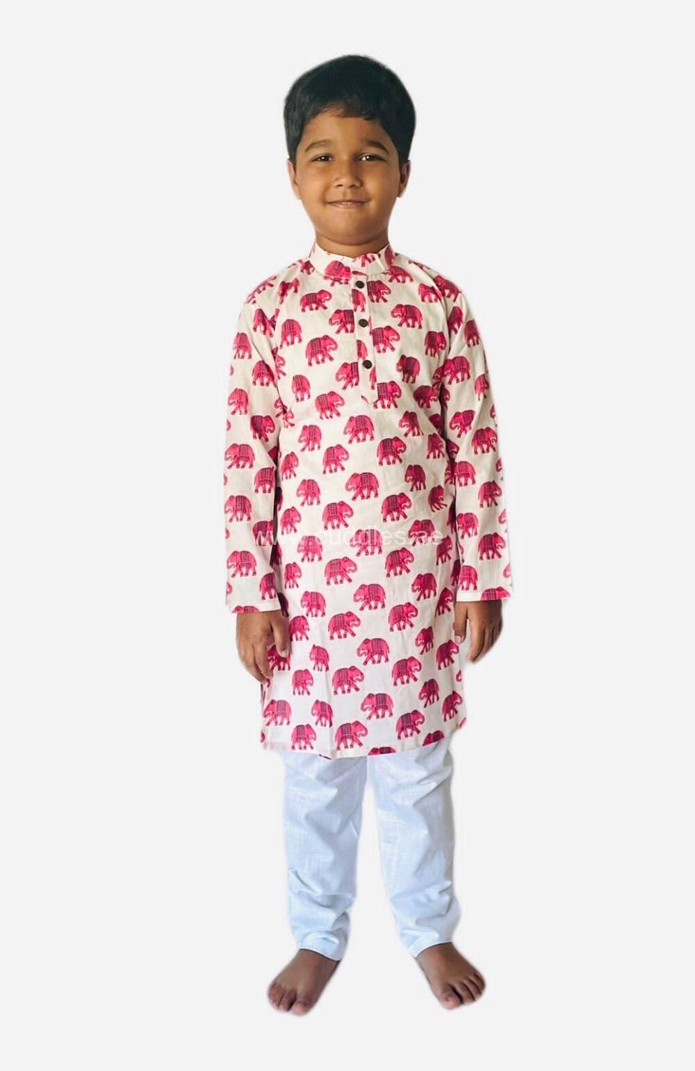 Pink and off white Elephant print Kurta Pajama