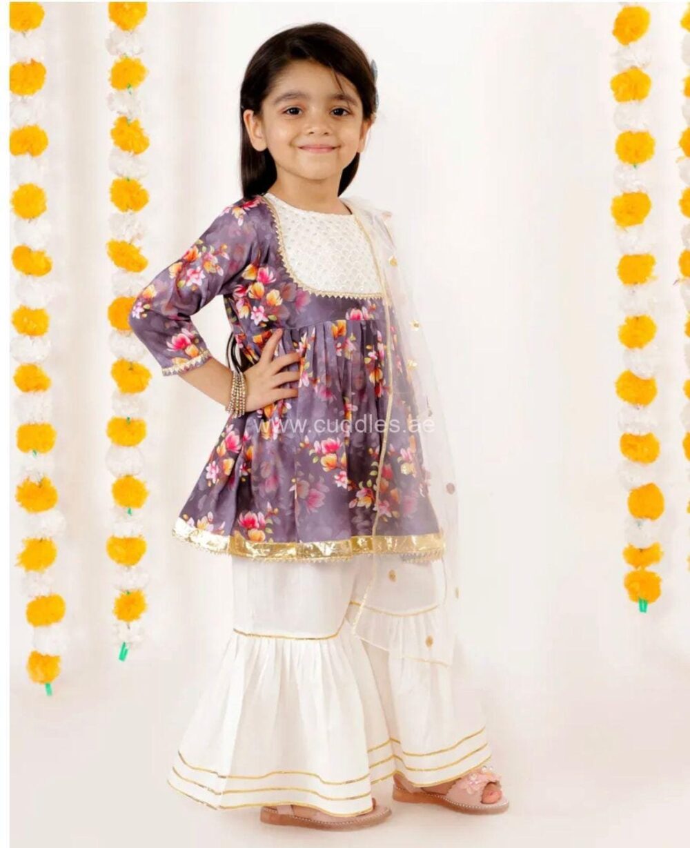 Purple and Cream Kurta with Sharara and Dupatta - Image 2