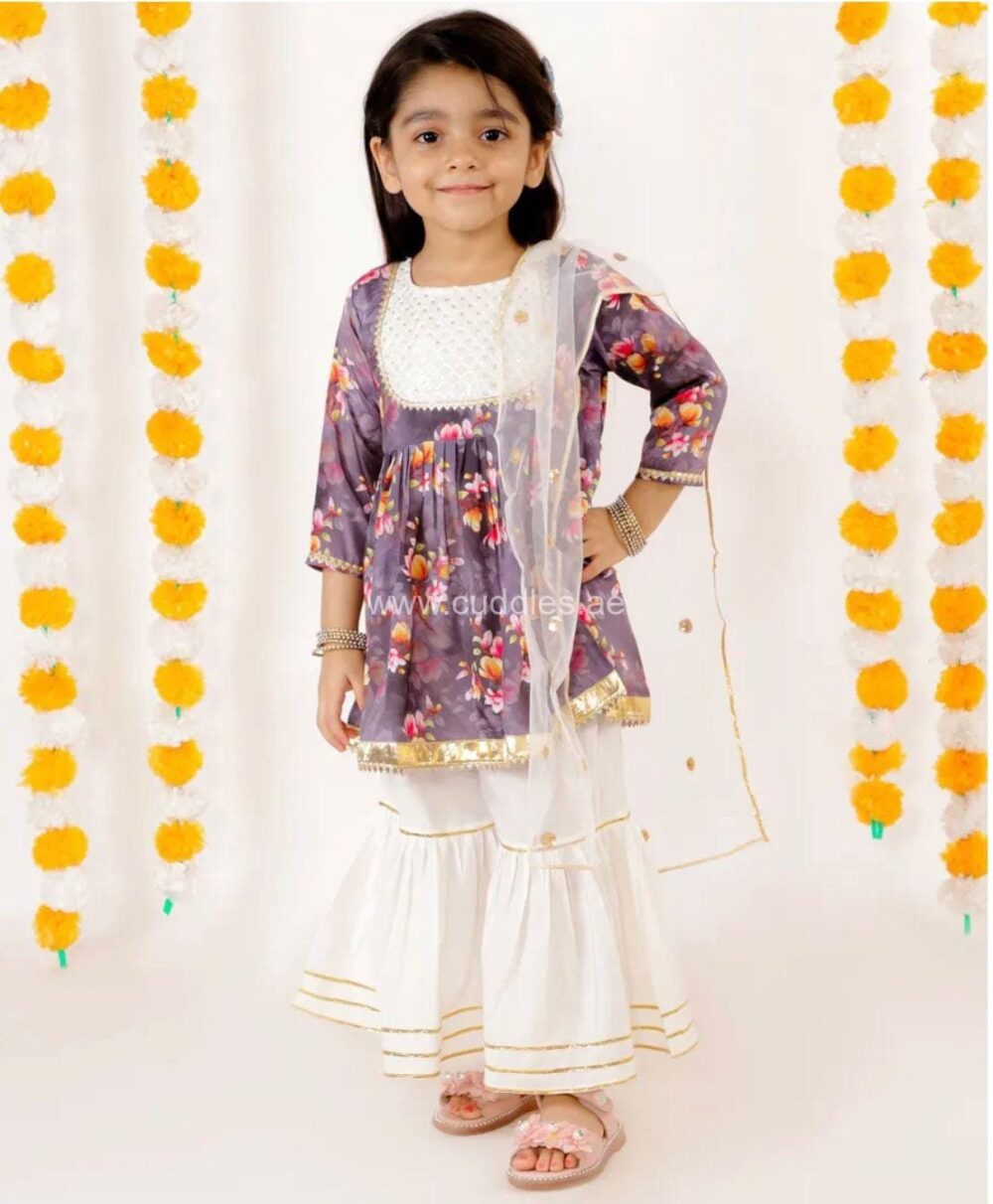 Purple and Cream Kurta with Sharara and Dupatta