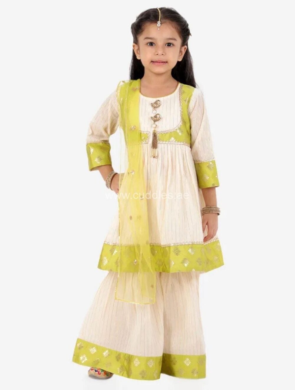 Green and Cream Kurta with Sharara and Dupatta - Image 2