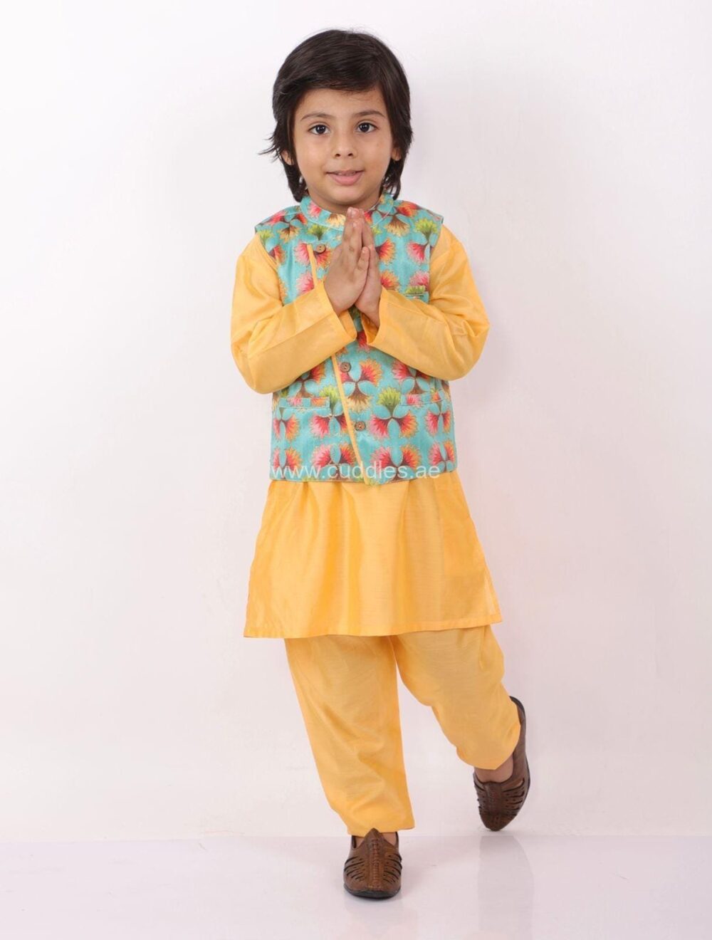 Yellow Green   Festive jacket with silk kurta pyjama - Image 2