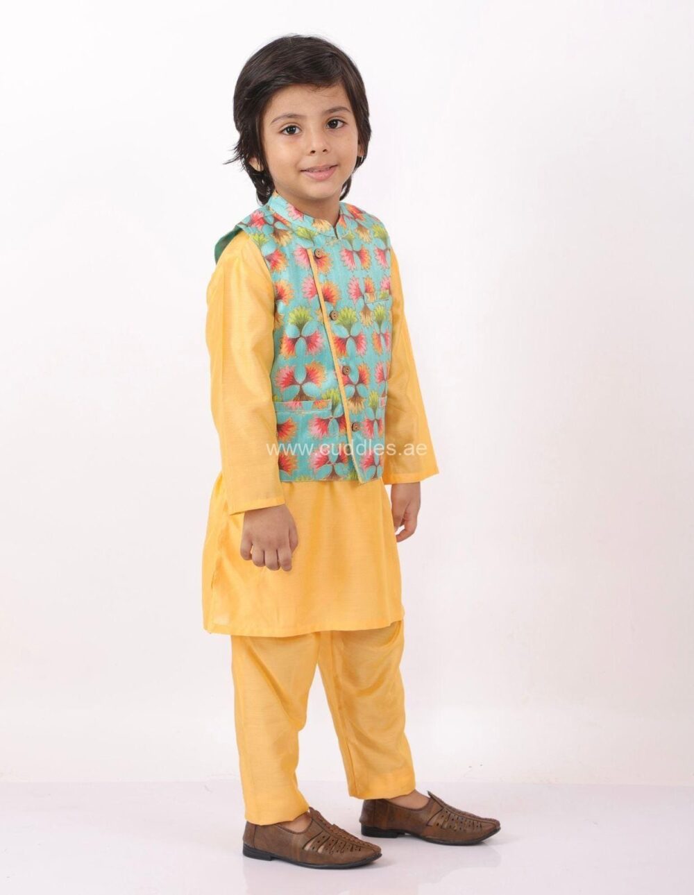 Yellow Green   Festive jacket with silk kurta pyjama