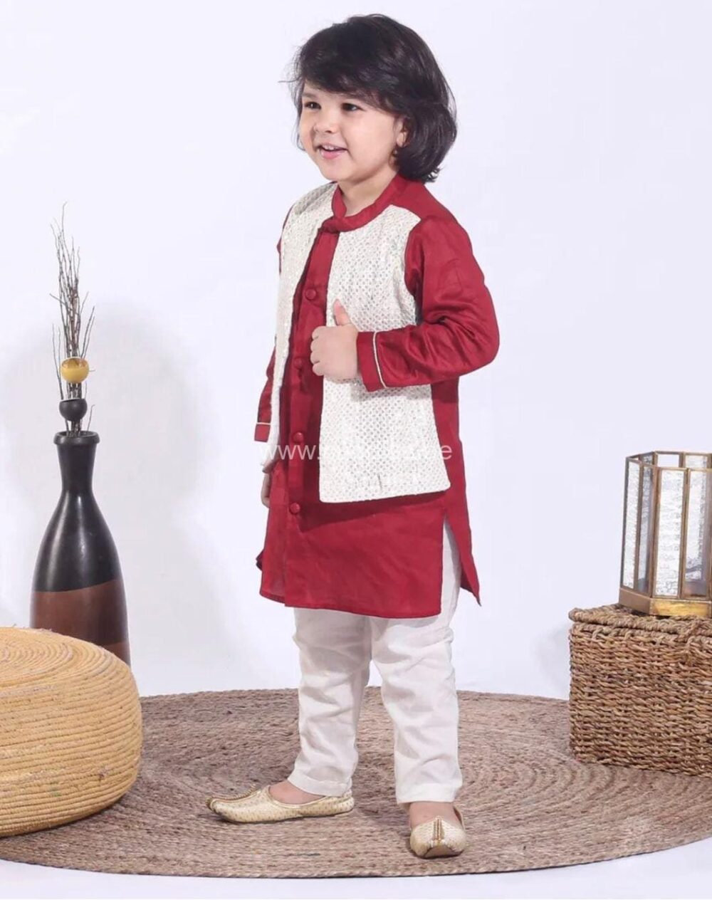 Maroon and off white Kurta pajama with attach jacket - Image 2