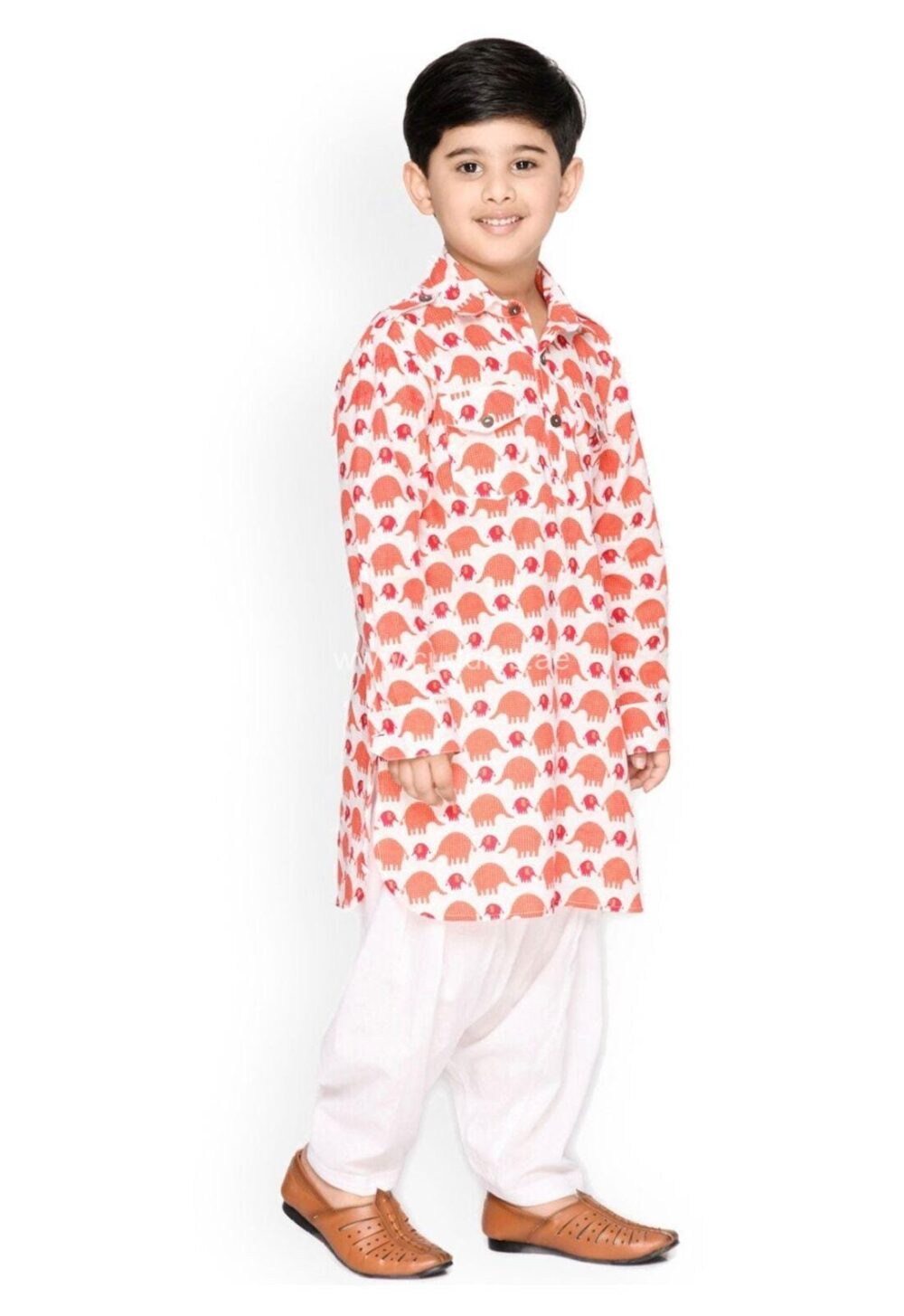 Orange white Elephant print Pathani Kurta pajama set