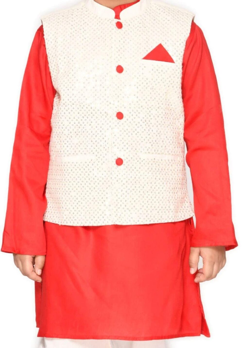 Red Kurta with Pajama with  Sequin Jacket set - Image 3