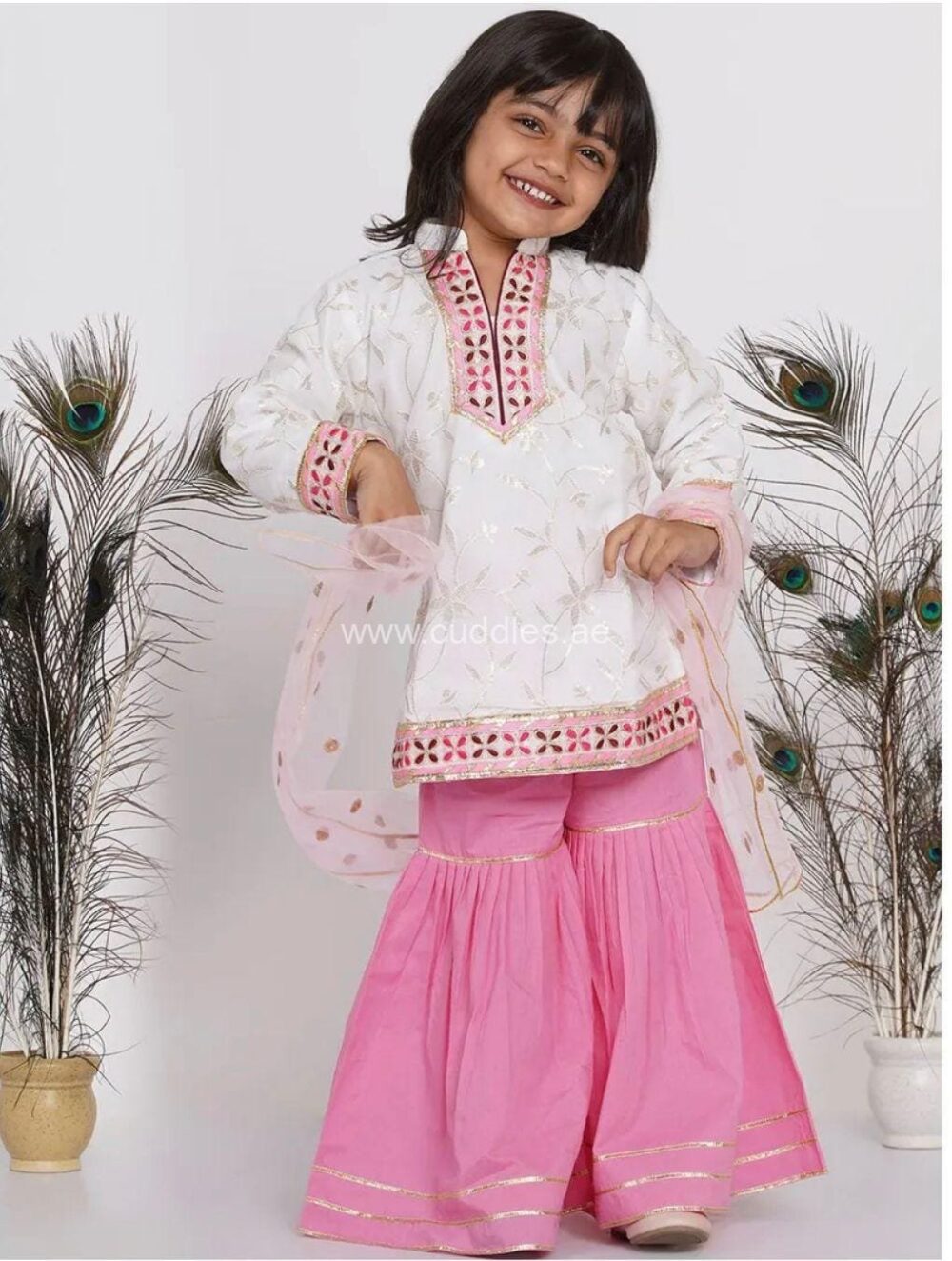 White pink embroidered Kurta with Sharara and Dupatta - Image 4