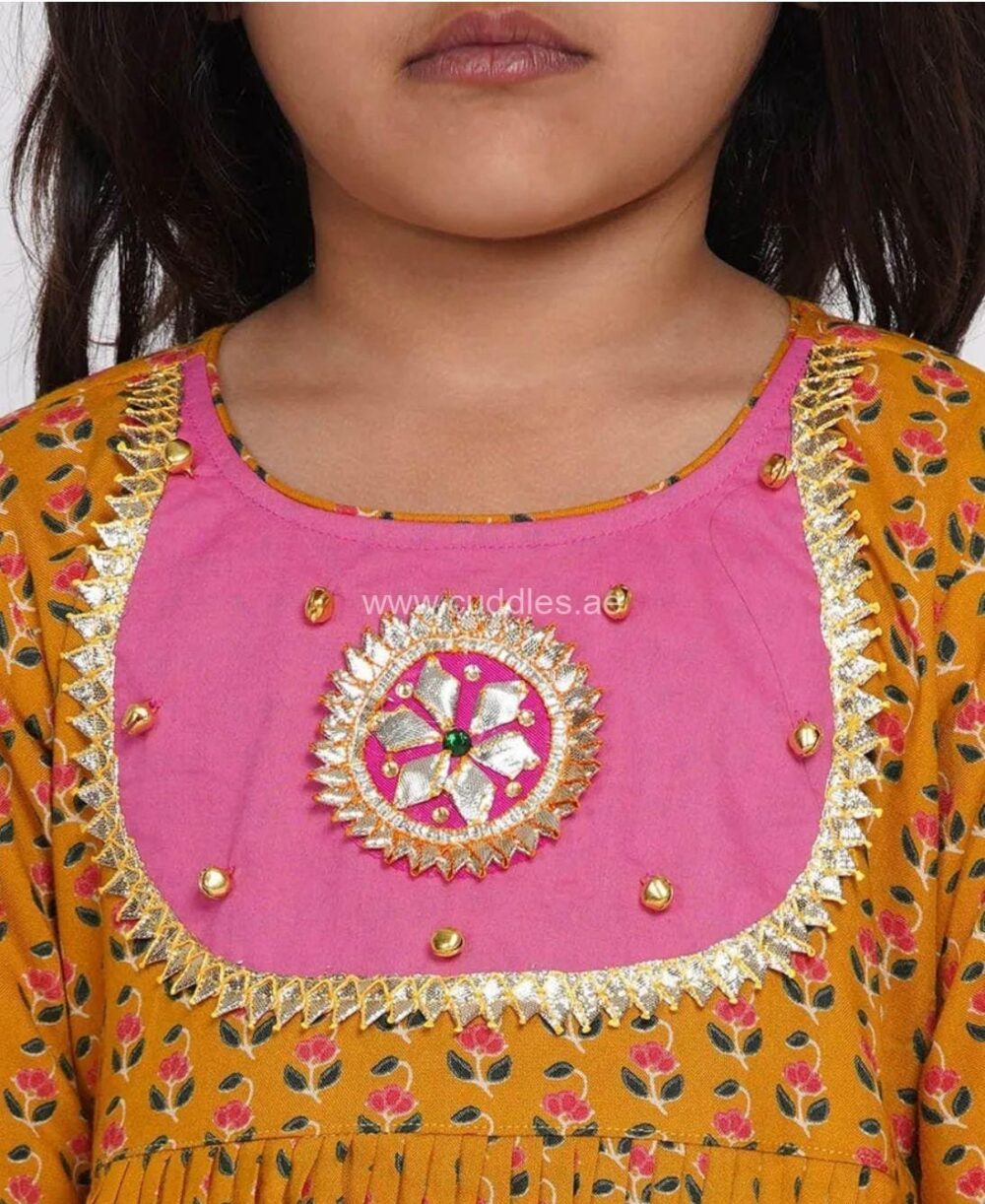 Mustard yellow and pretty pink Jaipuri hand work Kurta with Salwar and Dupatta - Image 4