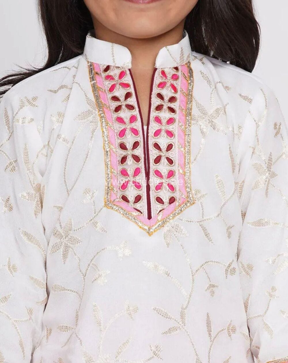 White pink embroidered Kurta with Sharara and Dupatta - Image 3