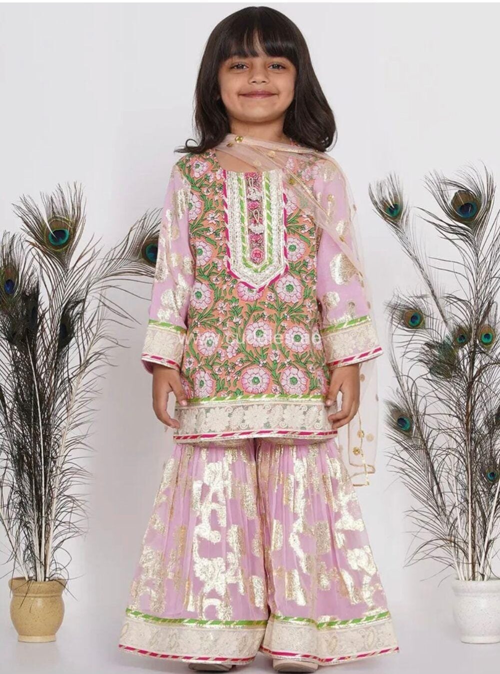 Powder pink Banarsi lace work embellished Kurti with Sharara and Dupatta