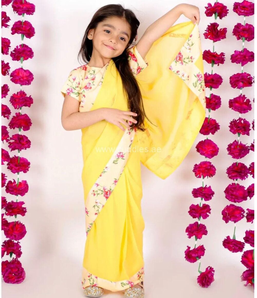 Yellow Floral print ready to wear saree - Image 3