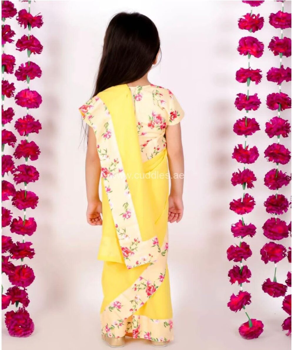 Yellow Floral print ready to wear saree - Image 2