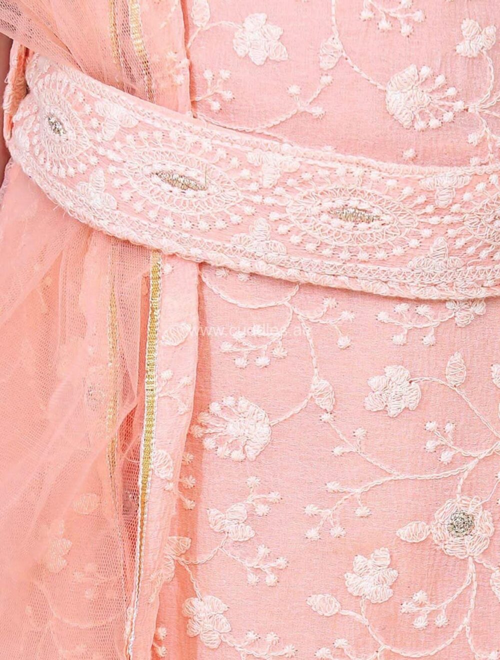 Peach embroidered Kurta and Sharara set with Dupatta - Image 3