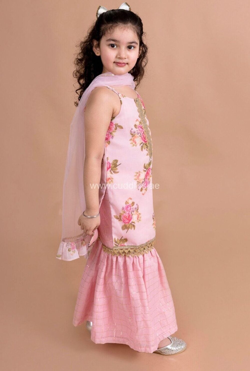 Pink floral printed Kurti with Sharara and Dupatta - Image 2