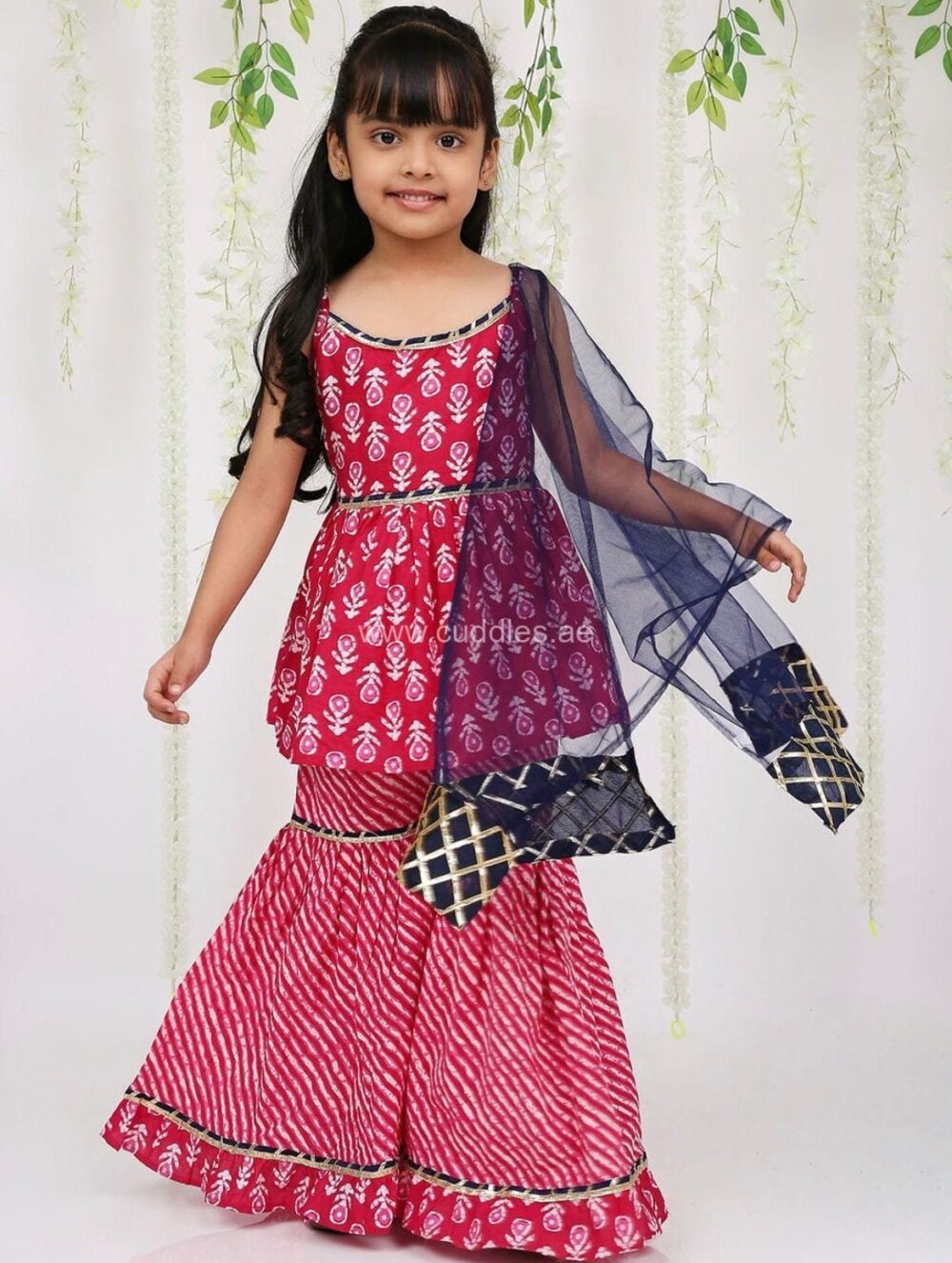 Rani pink and navy blue Ethnic motifs printed Kurti with Sharara and Dupatta set