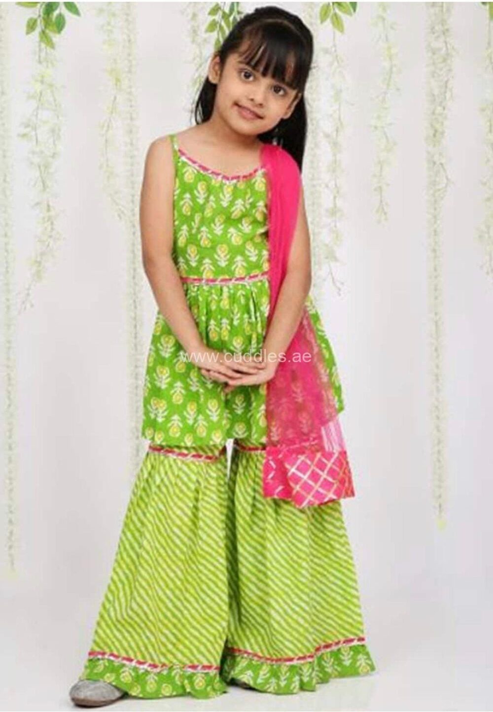 Green and pink Ethnic motifs printed Kurti with Sharara and Dupatta set