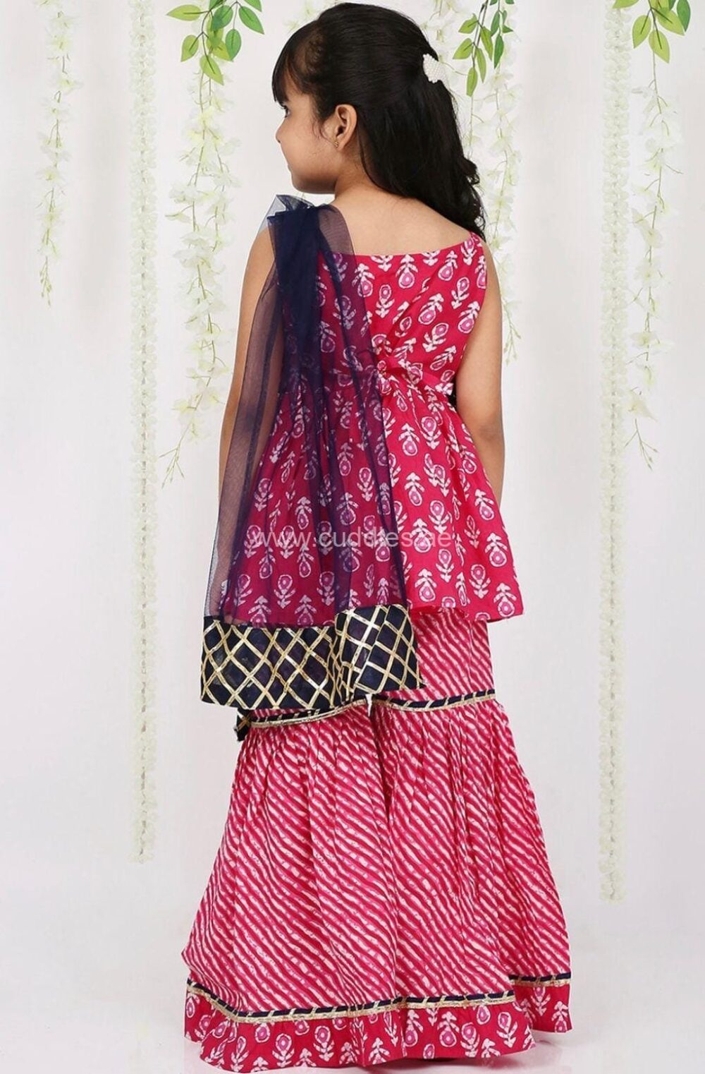 Rani pink and navy blue Ethnic motifs printed Kurti with Sharara and Dupatta set - Image 3