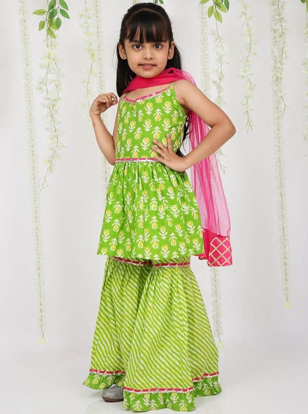 Green and pink Ethnic motifs printed Kurti with Sharara and Dupatta set - Image 2