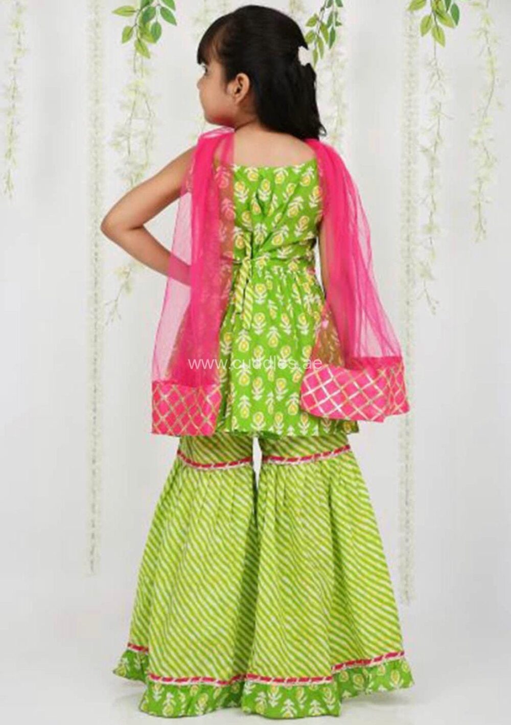 Green and pink Ethnic motifs printed Kurti with Sharara and Dupatta set - Image 3