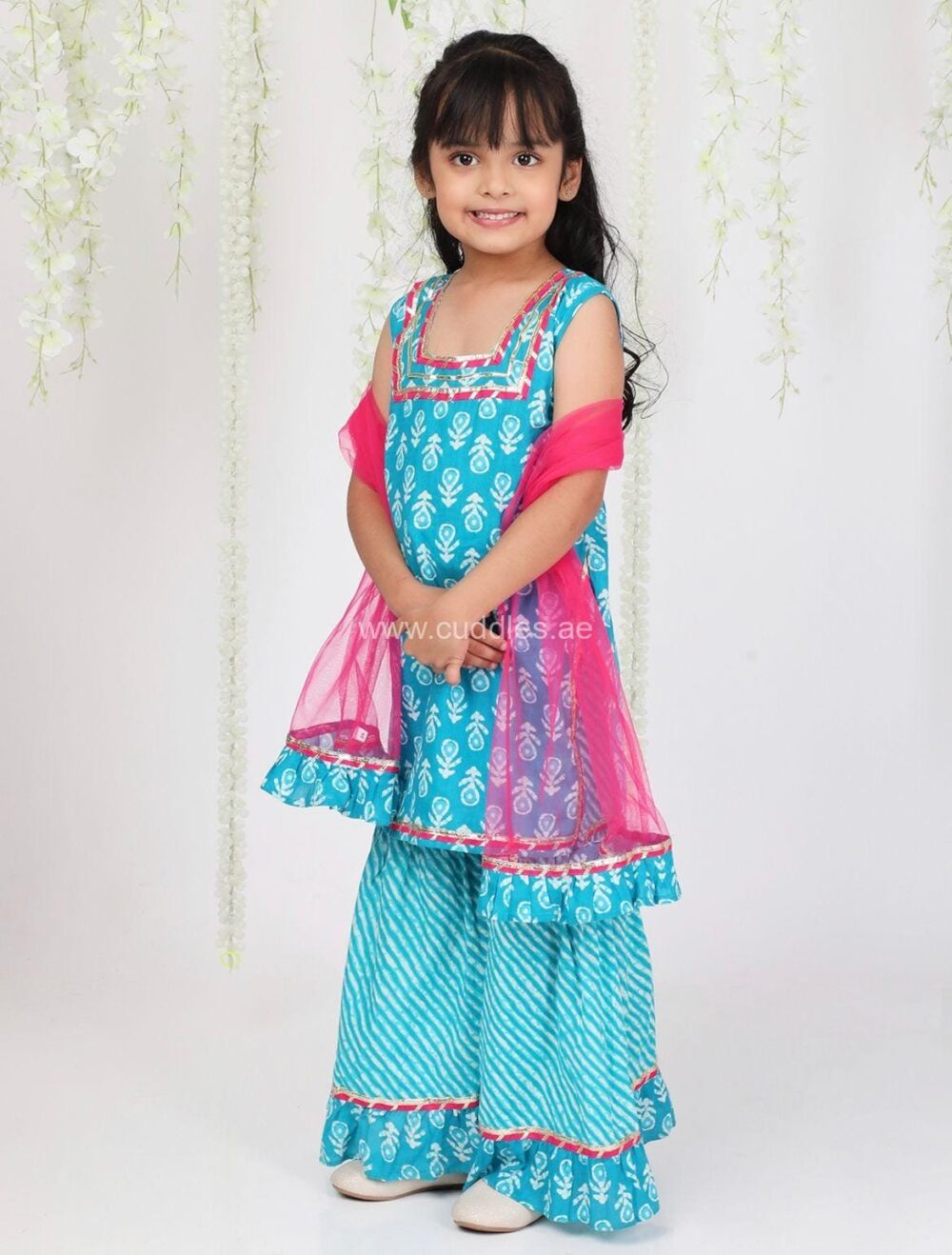 Blue & pink Kurti with Sharara and Dupatta set